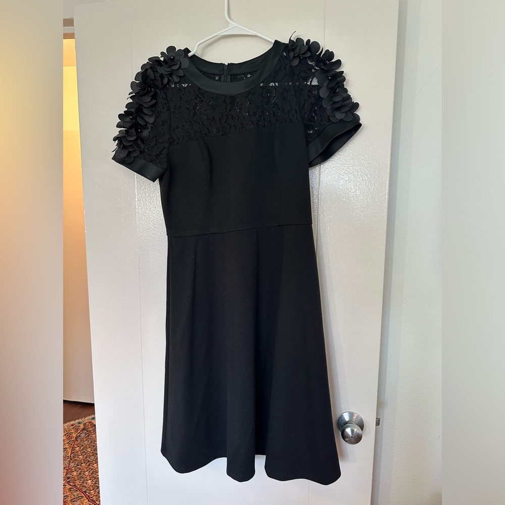 Shani black dress with lace and satin floral shoulders
